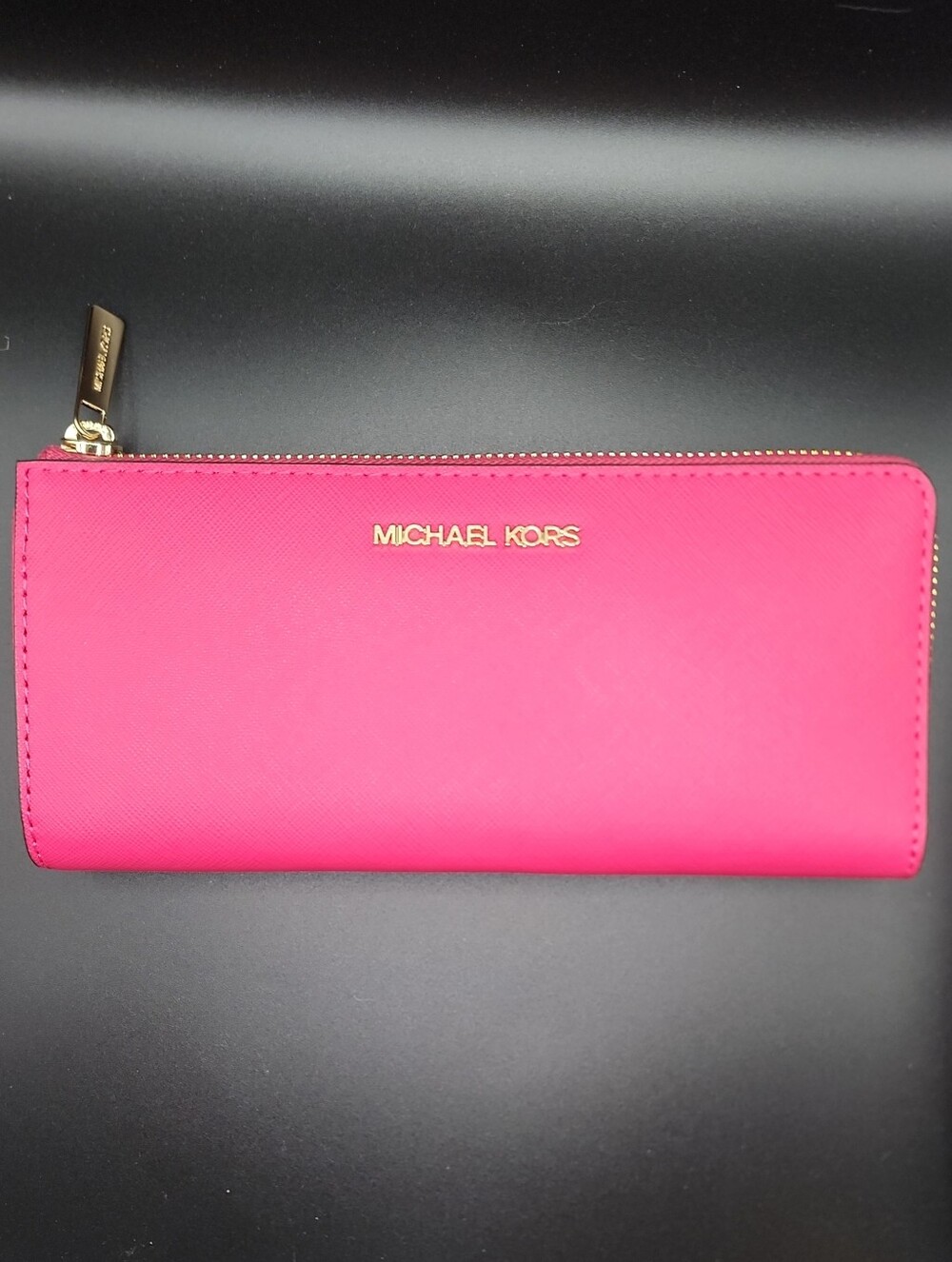 Michael Kors JET SET TRAVEL Electric Pink Zip-Around Wallet with Gold Hardware